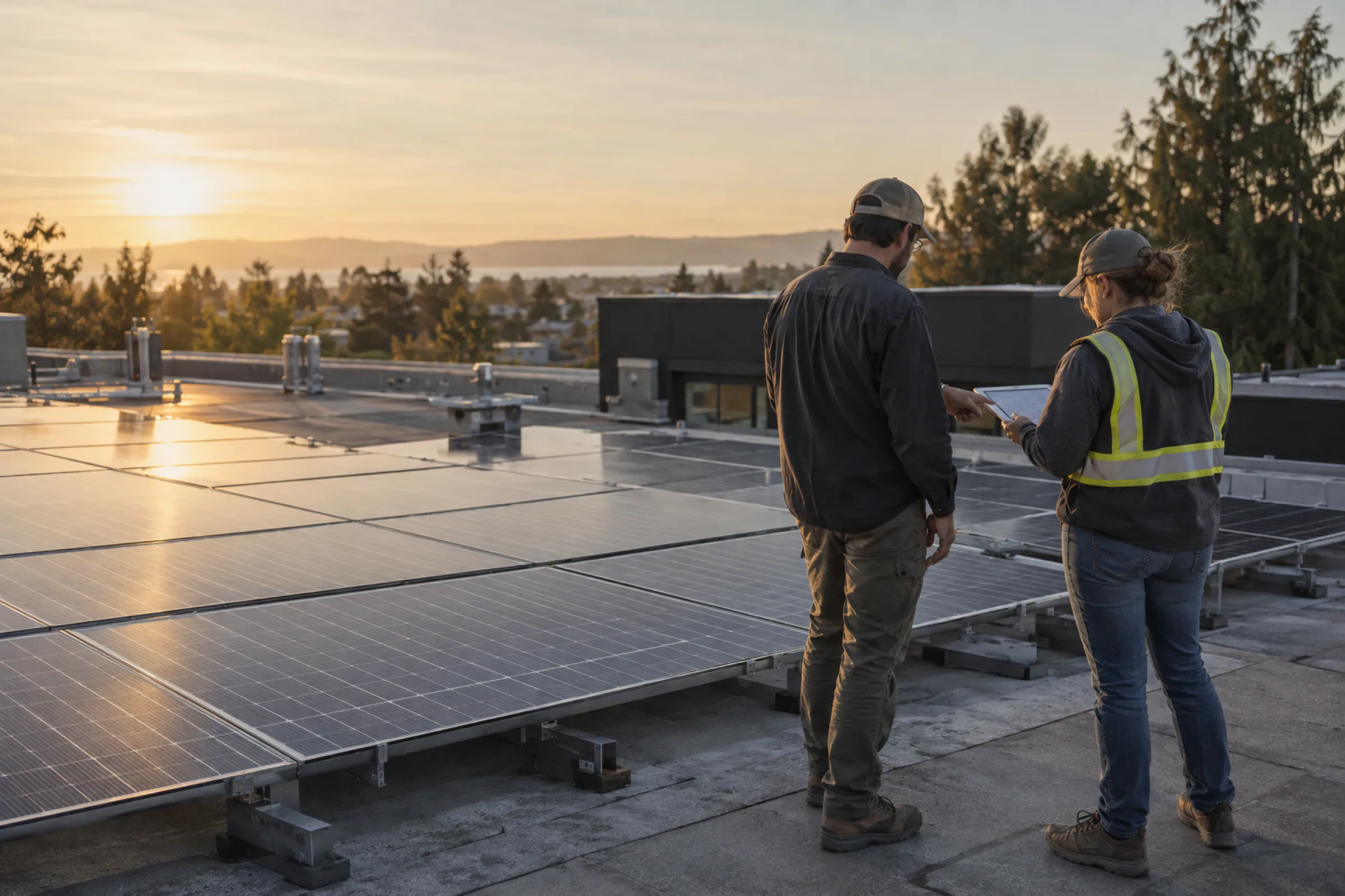 Two solar professionals review plans beside a rooftop array.